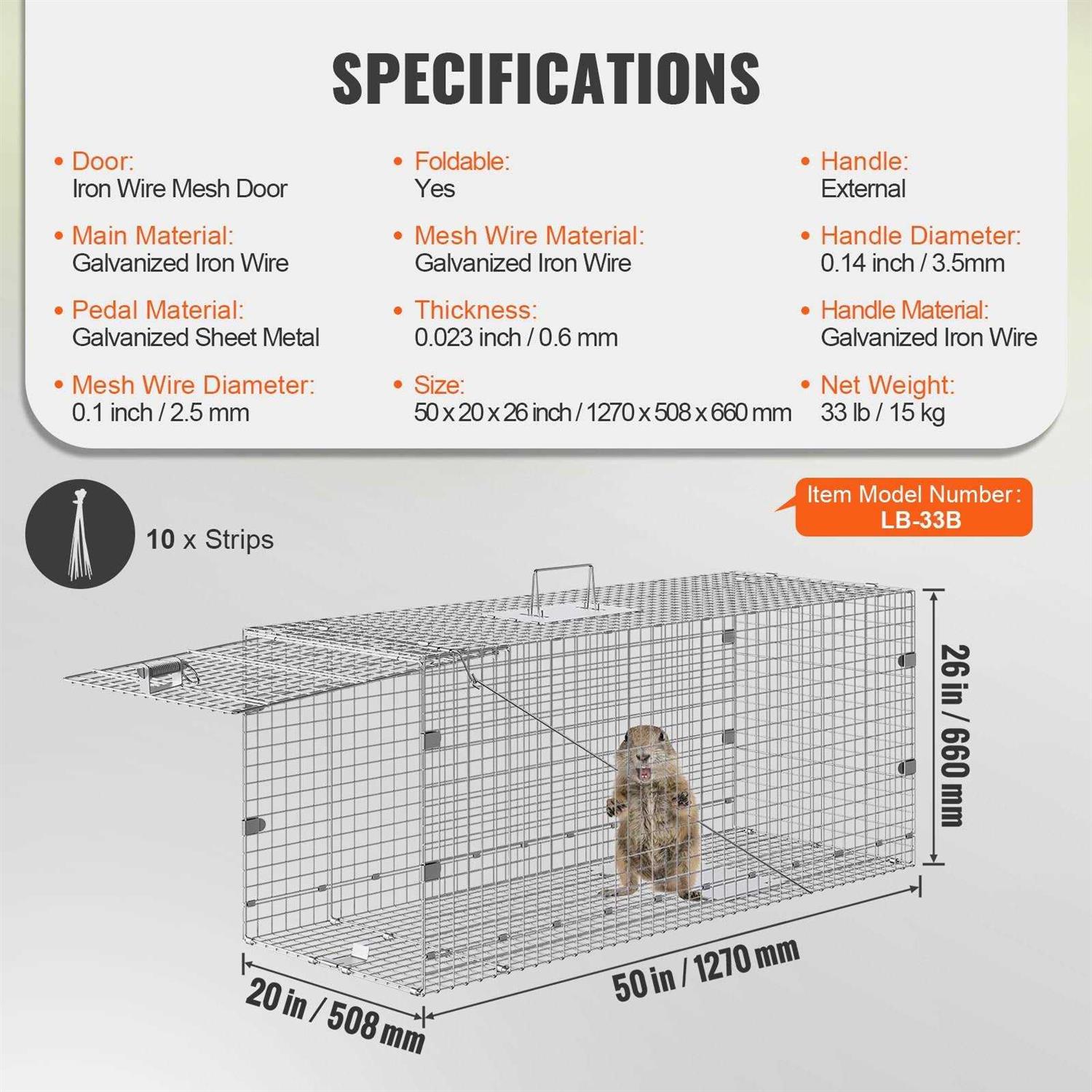 VEVOR 50 x 20 x 26 in. Live Animal Cage Trap Humane Cat Trap Galvanized Iron Folding Animal Trap with Handle for Stray Dogs