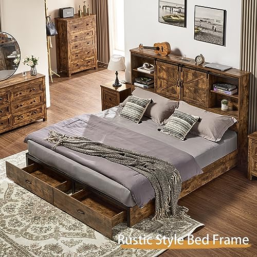 VanAcc Full Size Bed Frame, Wooden Platform Storage Bed with 51.2" Bookcase Headboard, 2 Drawers