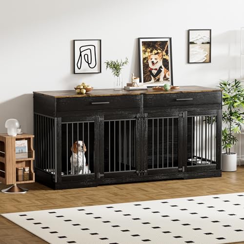 Rophefx 72" Dog Crate Furniture for 2 Dogs, Large Double Dog Kennel Indoor Furniture with 2 Storage Drawers and Removable Divider