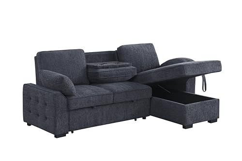 L-Shaped Pull Out Sleep Sofabed,Modern Reversible Sleeper Sectional Sofa Chenille Upholstered Button Tufted Decor with Storage Chaise