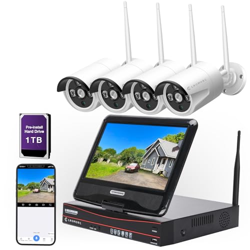 10CH Expandable Wireless Security Camera System with 10.1" Monitor 4pcs 5MP Indoor Outdoor Camera 1-Way Audio Night Vision Motion Detection Home