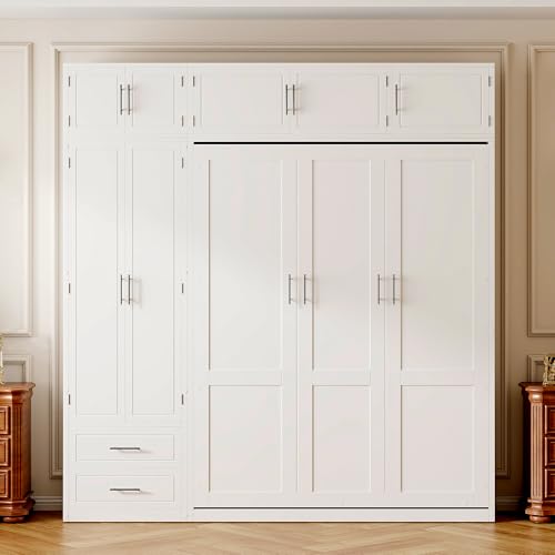 Merax Queen Size Murphy Bed with Top Cabinet, Shelves and Wardrobe, Fold into The Wall, Multifunctional Foldable Platform Bed Frame for Bedroom