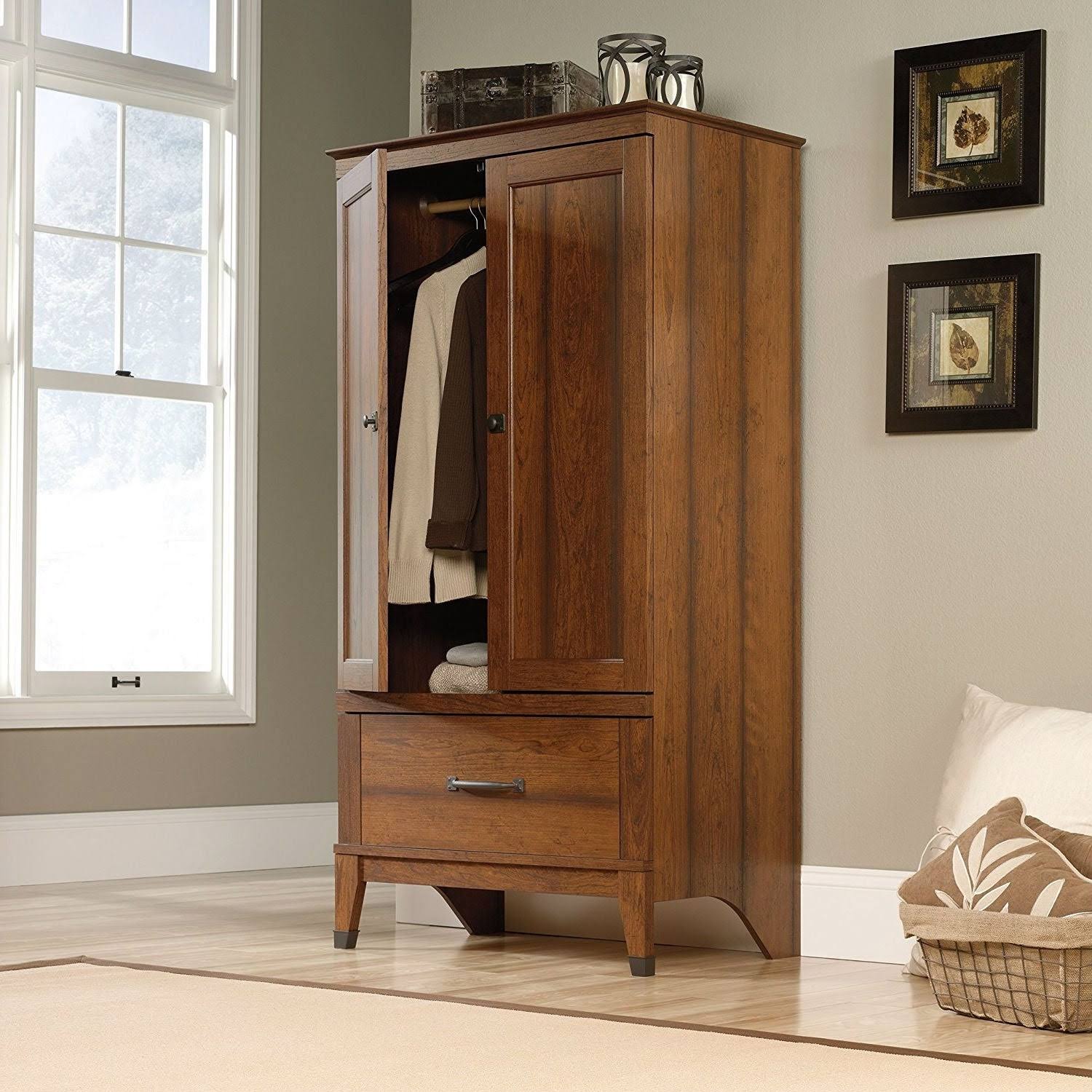 Bedroom Wardrobe Cabinet Storage Armoire in Medium Brown Cherry Wood Finish - Pictured