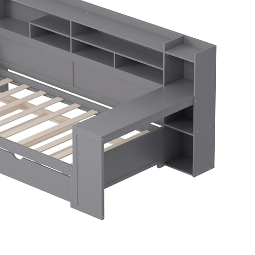 Bellemave Twin Corner Bed Frame with Storage Shelves and Desk, Wood Twin Size Daybed with Bookcase and Drawers and Storage, Gray