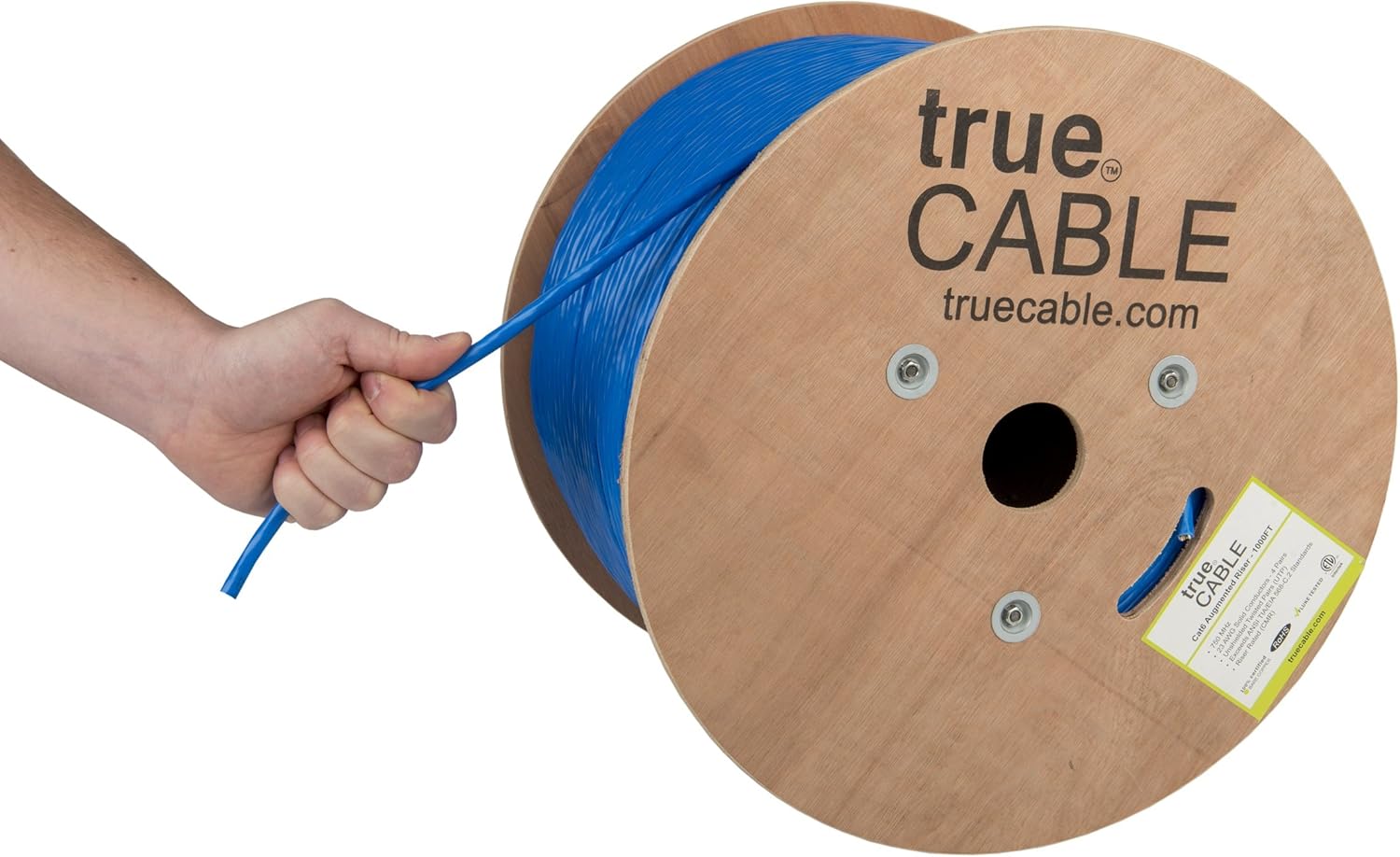 trueCABLE Cat6A Riser (CMR), 1000ft, Blue, 23AWG 4 Pair Solid Bare Copper, 750MHz, PoE++ (4PPoE), ETL Listed, Unshielded Twisted Pair (UTP)