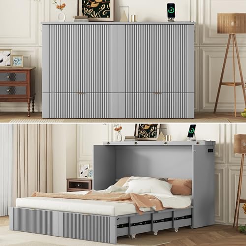 Harper & Bright Designs Queen Size Murphy Bed Cabinet Wall Bed Chest with USB, Charging Station and Large Storage Drawer for Home Office (White)