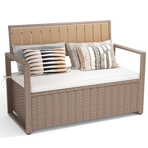 YITAHOME 90 Gallon Outdoor Wicker Storage Bench w/Cushion, Large PE Rattan Deck Storage Box w/Handles & Hydraulics for Patio Furniture, Cushions
