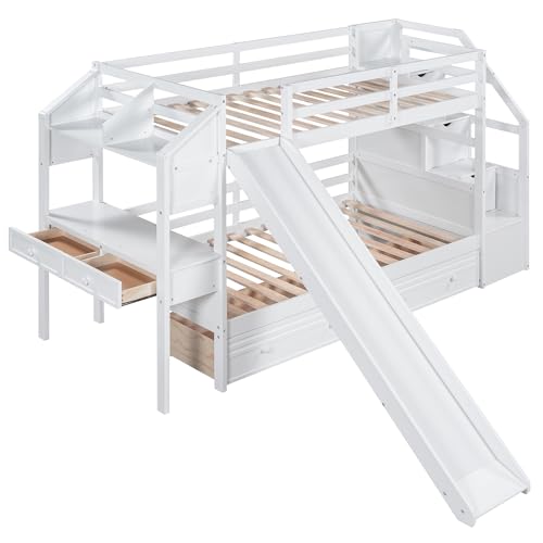 Harper & Bright Designs Bunk Beds Twin Over Full Size, Bunk Bed with Trundle,Storage Shelf and Stairway