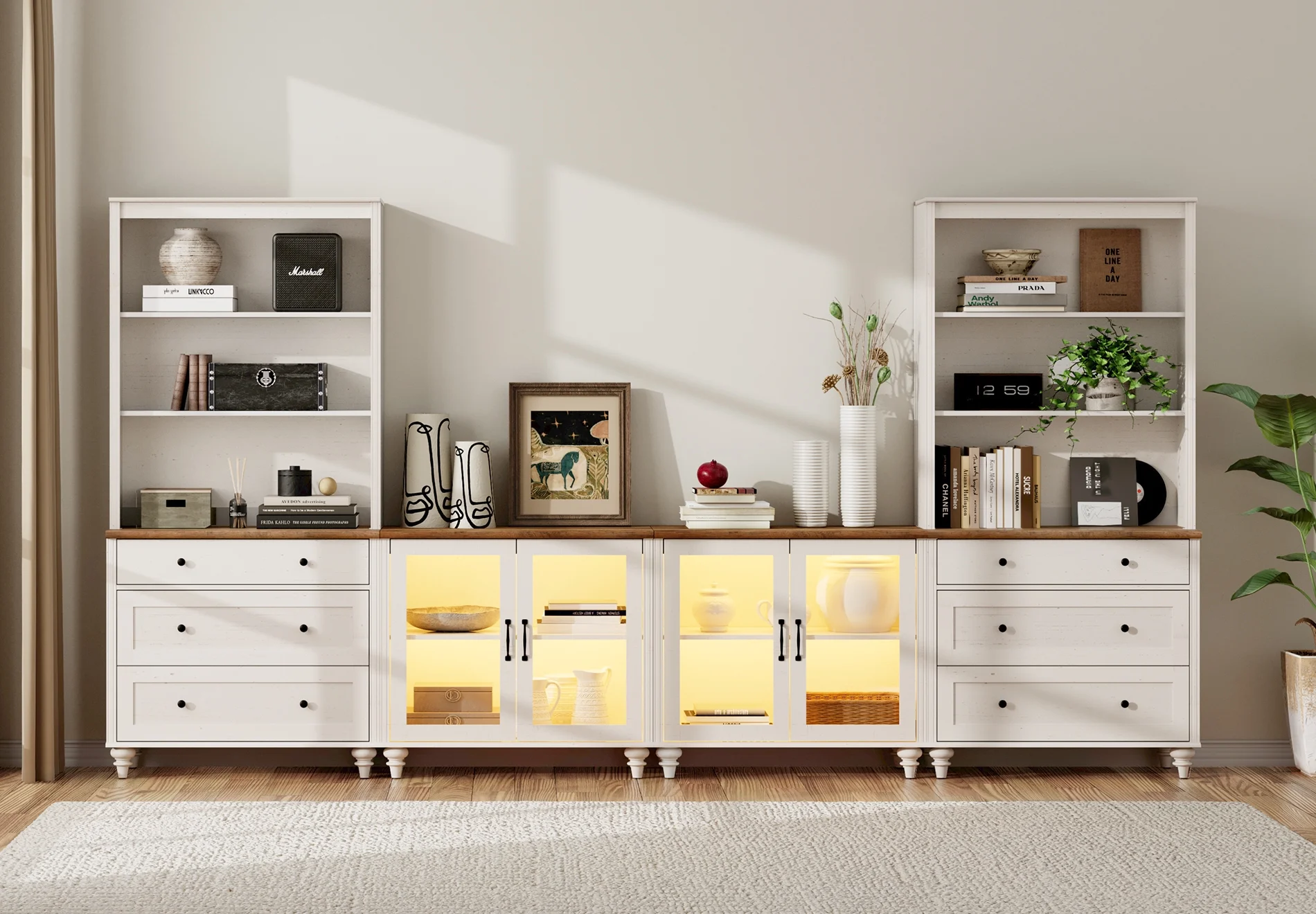 Entertainment Center with Bookshelves with Glass Doors & Drawer, Farmhouse Wall Unit TV Stand for TVs up to 75" , Media Console Table for Living Room
