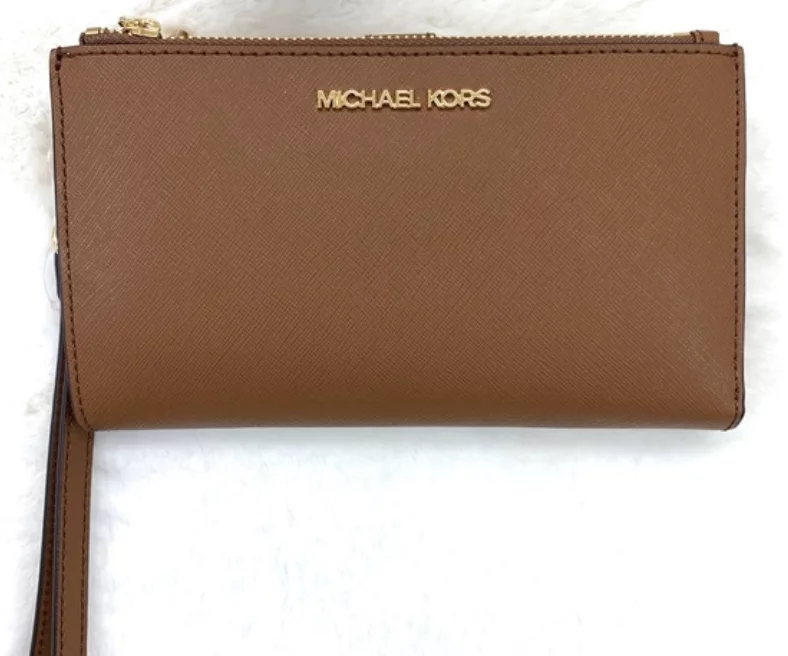 Michael Kors Jet Set Double Zip Wristlet Leather Phone Wallet Luggage Brown