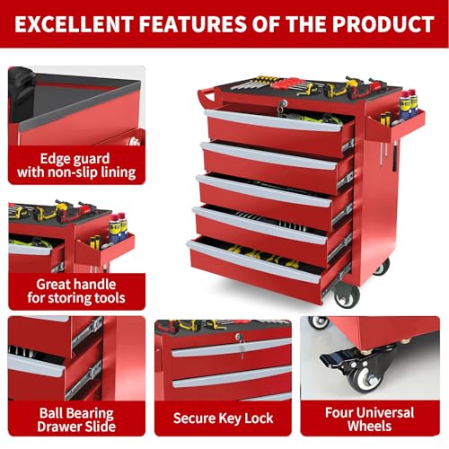 Rolling Tool Chest, Metal Tool Box with 5 Drawers
