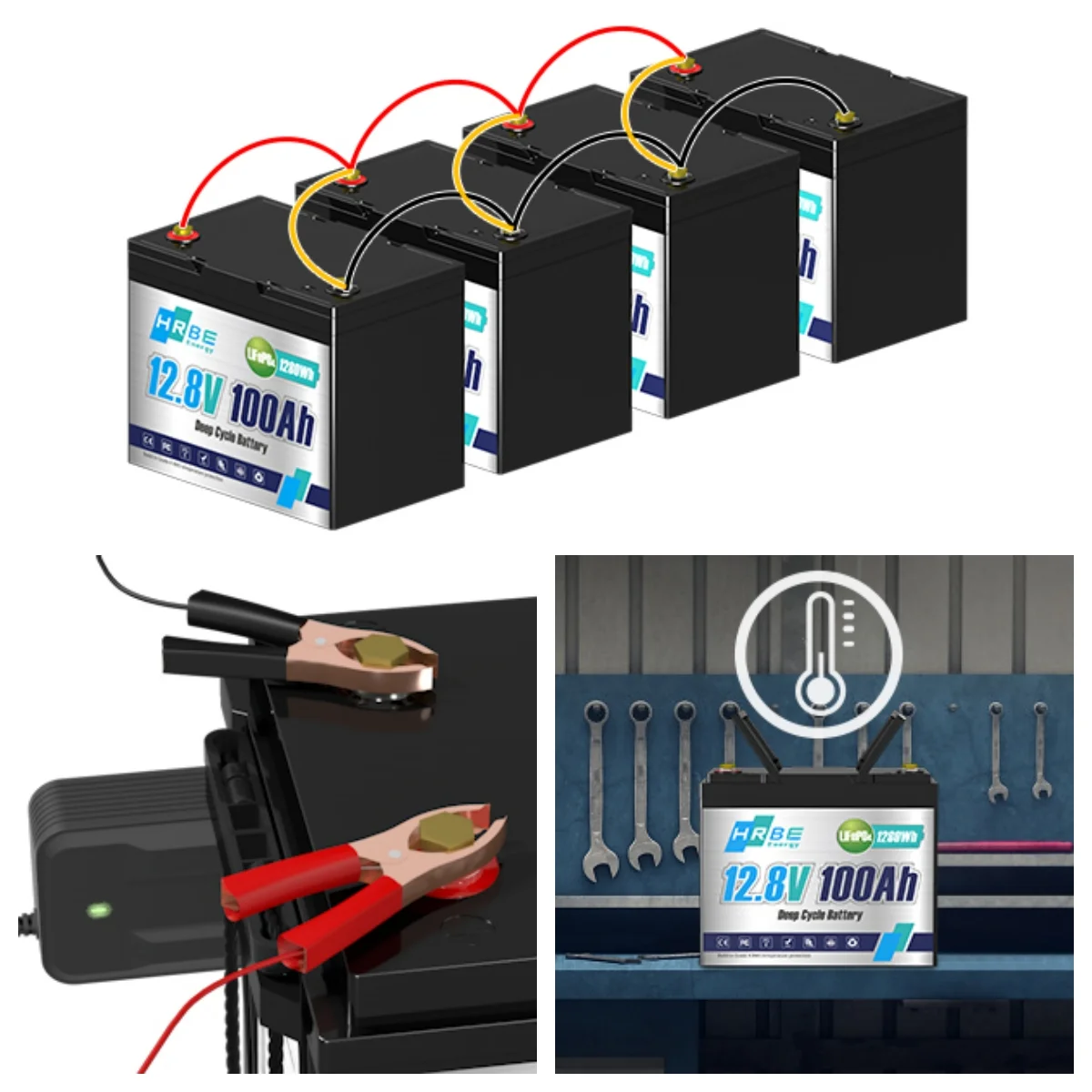 2 Pack LiFePO4 Battery 12V 100Ah with Charger, 8000+ Deep Cycle 100A BMS HRBEENERGY Lithium RV Batteries for Solar Backup Power