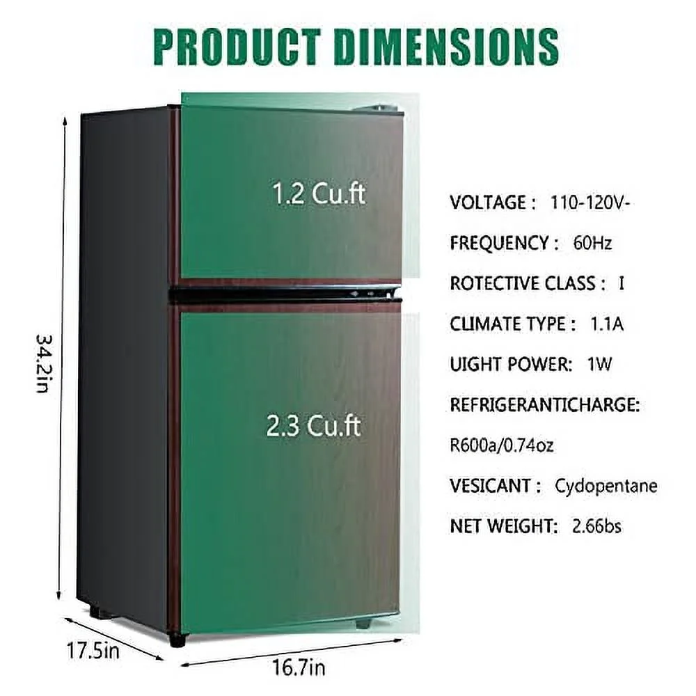GGTB GGTB 3.2 Cu ft Two Door Mini Fridge with Freezer, Retro Compact Refrigerator with Freezer, Wood