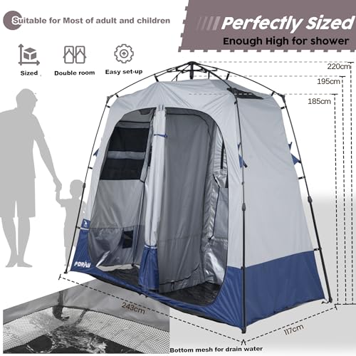 Camping Shower Tent Deluxe Changing Room Easy Set Up Privacy Shelter,Large Toilet Tent 2 Rooms with Floor Drain Design for Beach, Camping
