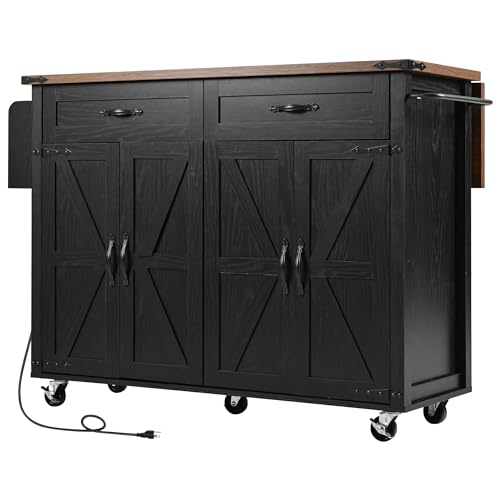 Farmhouse Kitchen Island with Power Outlet, Drop Leaf, Spice Rack and Drawer,Rolling Kitchen Cart on Wheels
