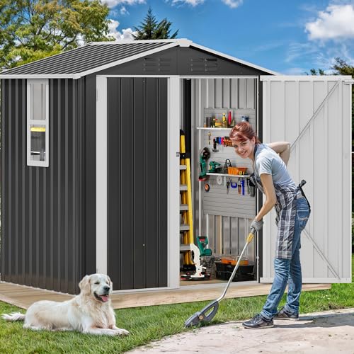 DWVO 6x4ft Metal Outdoor Storage Shed with Window, Lockable Tool Storage Sheds, Steel Garden Sheds with Sloped Roof for Backyard, Patio, Garage, Lawn