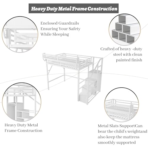 Full Size Loft Bed with Desk and Stairs, Heavy-Duty Steel Loft Bed Frame with Wardrobe & LED Light