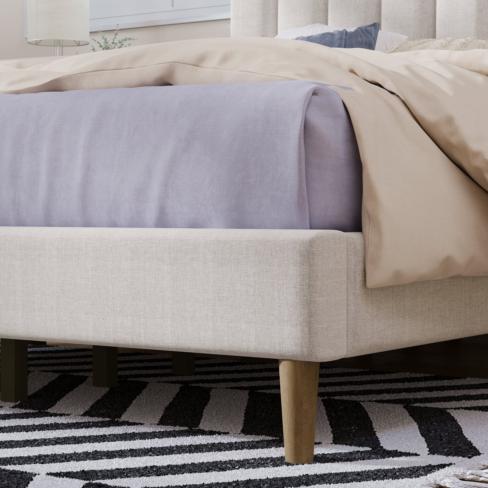 Paproos Bed Frame Queen, New Upgraded Upholstered Platform Bed with Vertical Channel Tufted Headboard, Solid Wood Legs, No Box Spring Needed