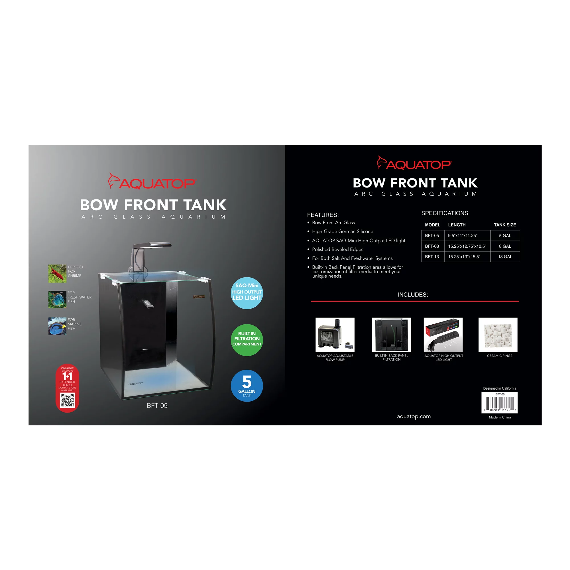 Aquatop Bow Front 5 Gallon Glass Aquarium Desktop Fish Tank, All In One with Pump and LED Light, BFT-05