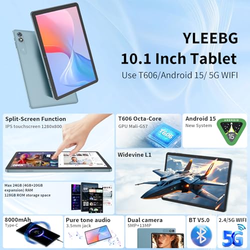 Android 15 Tablet with Keyboard, 26GB+256GB(2TB Expand), 10.1 Inch Tablet 8000 mAh Battery, BT 5.0, 5G WiFi, Widevine L1, Dual Camera