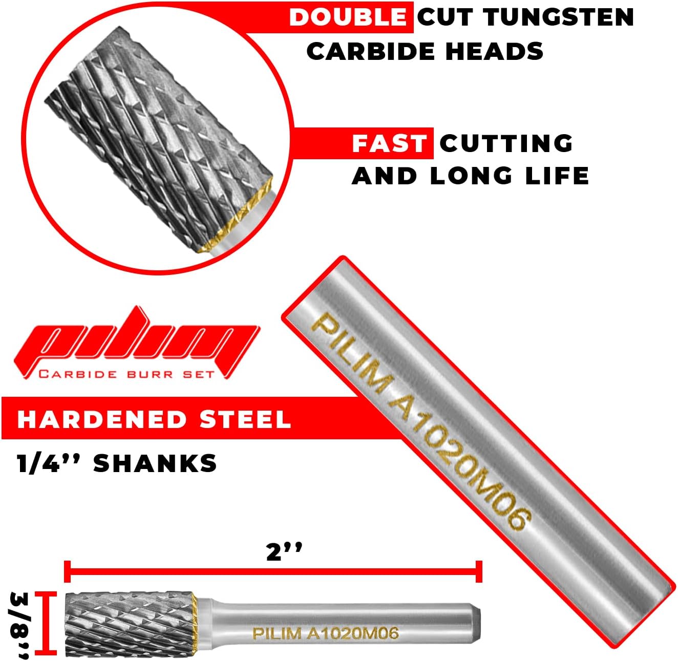 Tungsten Carbide Burr Set 1/4" Shank 10PC Double Cut Rotary Cutting Burrs Die Grinder Bits for Steel and Wood Working, Grinding, Carving