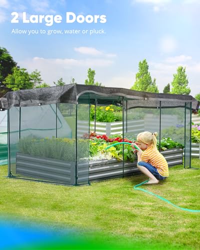 Quictent Galvanized Raised Garden Bed with Crop Cage Plant Protection Net Tent and Shade Cloth Kit Metal Planter Box Bottomless Planting Vegetables