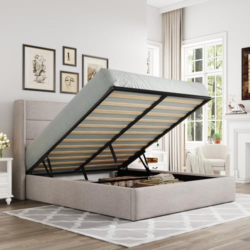 Allewie Full Size Lift Up Storage Bed, Modern Wingback Headboard, Hydraulic Support, No Box Spring Needed, Light Beige