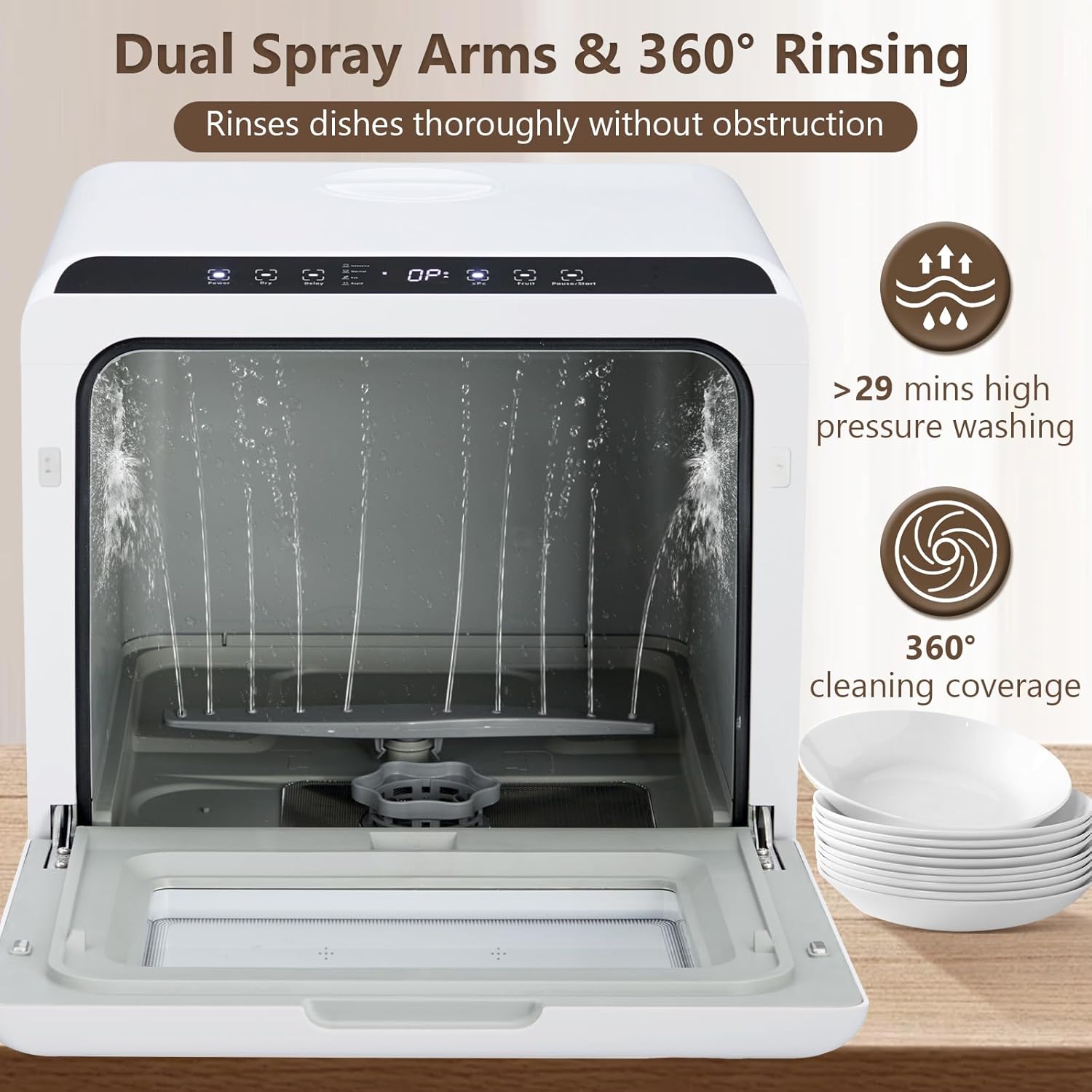 Countertop Dishwasher, Portable Dishwashers with 4.5L Built-in Water Tank, 5 Washing Programs & Air-Drying Function, 360° Dual Spray Arm
