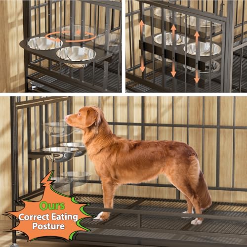 LOVMOR 48" Heavy-Duty Dog Crate with Wheels, Air-Lift Top, Dual 360° Adjustable Bowls – Ideal for Large Dogs