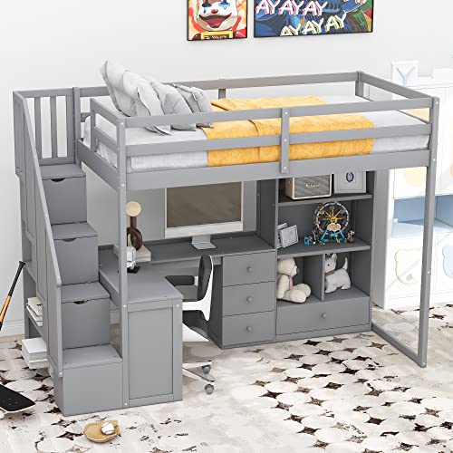 Harper & Bright Designs Twin Size Loft Bed with L-Shaped Desk and Stairs, Solid Wood Loft Bed Frame with Storage Drawers and Bookcase