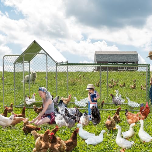 Chicken Coop, Large Metal Chicken Run, Outdoor Chicken Pen with Waterproof and Anti-UV Cover, Walk-in Chicken House with Lockable Door, for Yard