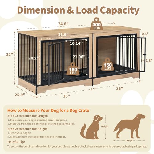 75’’ Double Dog Crate Furniture for 2 Dogs, Sturdy XXL Dog Crate Furniture with Removable Divider & Trays