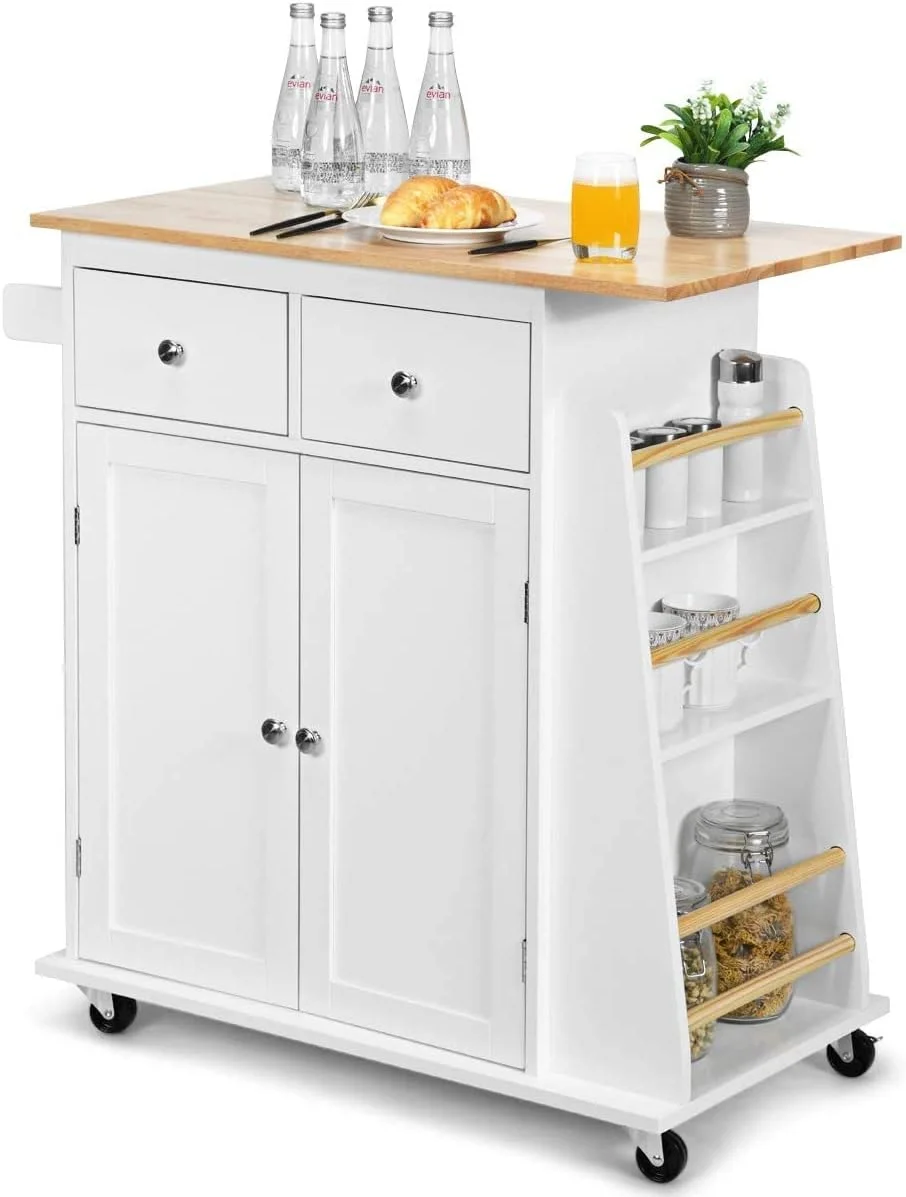 AUGESTER Kitchen Utility Cart, Multifunctional Wooden Trolley with Rollers, Kitchen Storage Trolley with Cabinet, Towel Rack, 2 Drawers