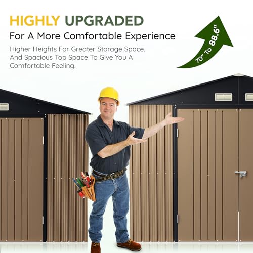 Outdoor Storage Shed 10 x 12ft. Utility Tool Shed Metal Storage Garden Shed with Lockable Doors, Windows & Metal Frame Floor for Patio Storage,Brown