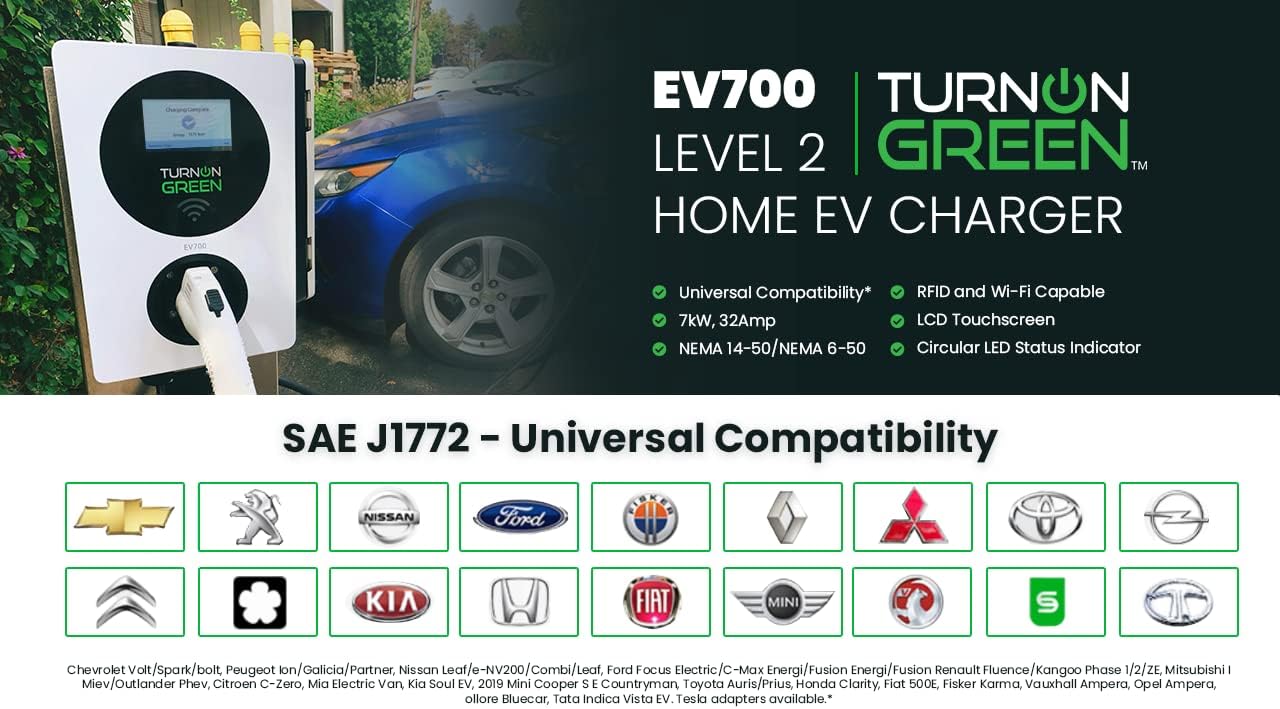 TURNONGREEN EV700 Level 2 Smart Electric Vehicle Charger (EV), 16 to 32 Amp, 240V, WiFi Bluetooth Enabled, with LCD Touchscreen