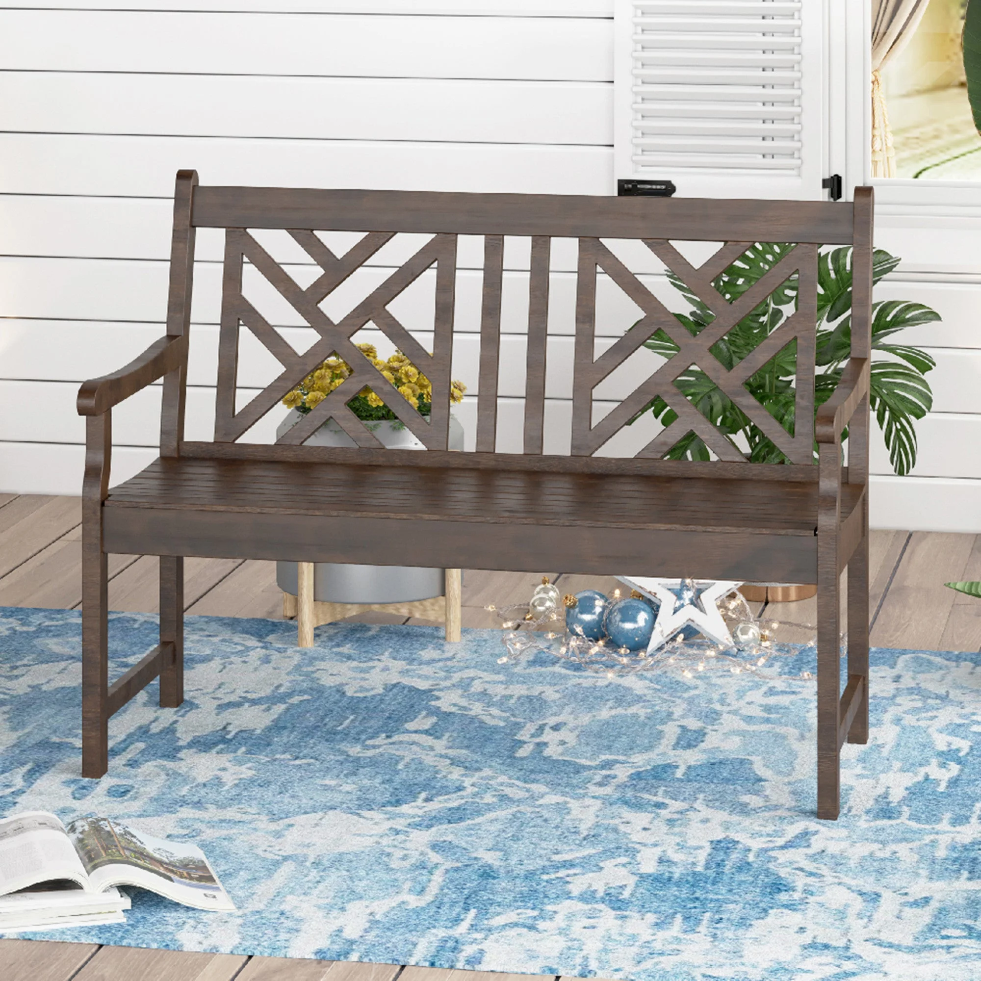 Sophia & William Outdoor Poplar Wood Patio Bench Brown PU Painting for Porch Pool Garden Lawn Balcony Backyard