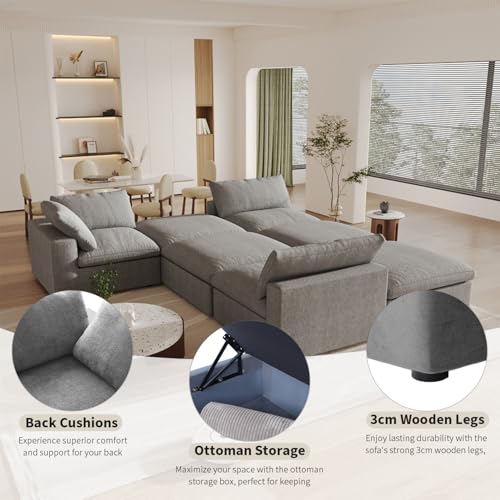 160.6" Cloud Couch Modular Sectional Sofa for Livingroom,Oversized Convertible Sofa with Storage Ottomans,6 Seat Wide Couches