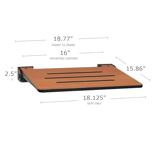 Seachrome 18 inch Silhouette Slimline Folding Wall Mount Shower Bench Seat, Rustic Teak Seat with Silver Frame
