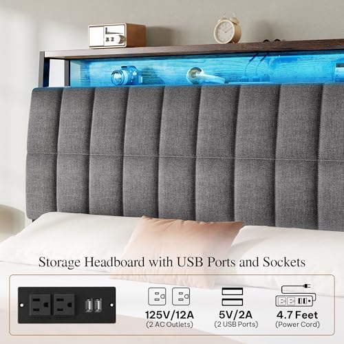 YITAHOME Queen Size Bed Frame with RGB LED Lights and 4 Drawers, Upholstered Platform Bed with Charging Station and Storage Headboard