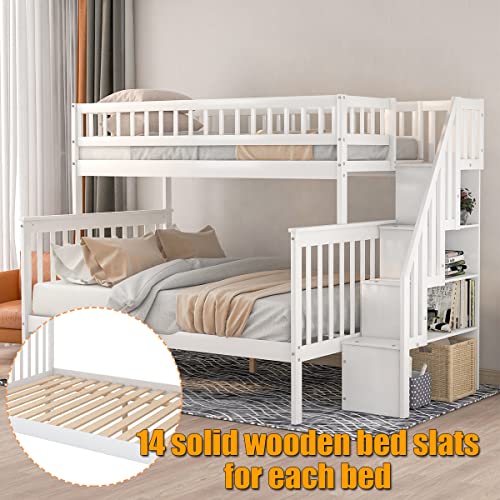 Harper & Bright Designs Bunk Beds Twin Over Full Size, Bunk Bed with Trundle,Storage Shelf and Stairway