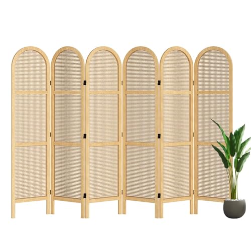 Room Divider and Folding Privacy Screens, Pine Wood 5.6 Ft Double Hinged Rattan Partition Freestanding Wall Room Divider for Home - 3 Panels