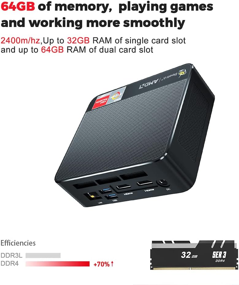Beelink SER3 Mini PC AMD Ryzen 7 3750H 4C/8T Windows 11 Pro Desktop Computer, 16 GB RAM + 512 GB SSD, Radeon RX Vega 10 Graphics