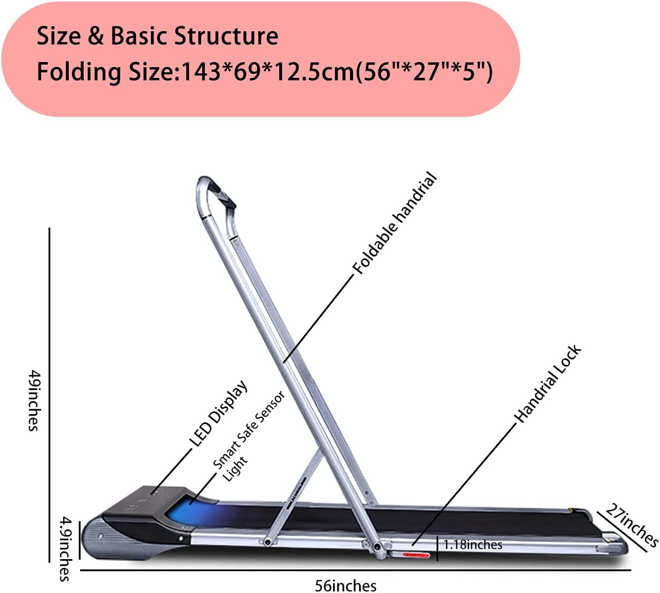 RHYTHM FUN Treadmill Under Desk Treadmill 2-in-1 Folding Running Walking Treadmill with Foldable Handtrail and Speed Sensor Light Slim Mini Quiet