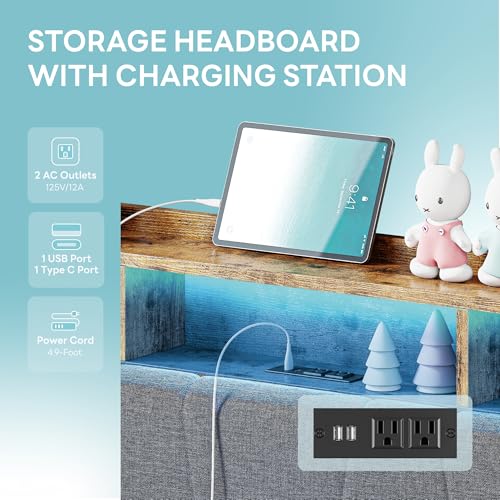 LIKIMIO Twin Bed Frame with 2 Storage Drawers, Charging Station & LED Lights, Upholstered Platform Twin Bed with Storage Headboard