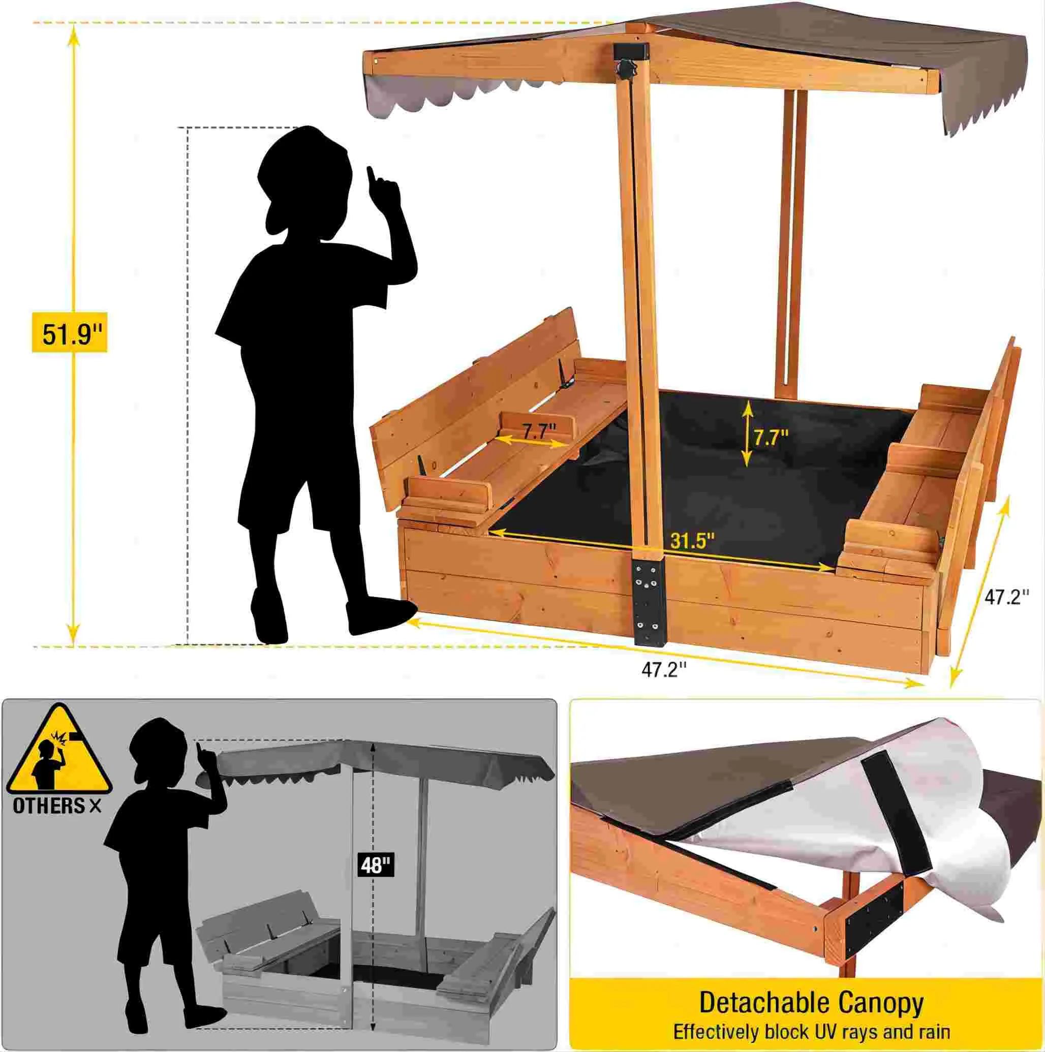 Morgete 47'' Outdoor Sandbox for Kids with Lid and Bench, Wooden Sand Play Toys Center