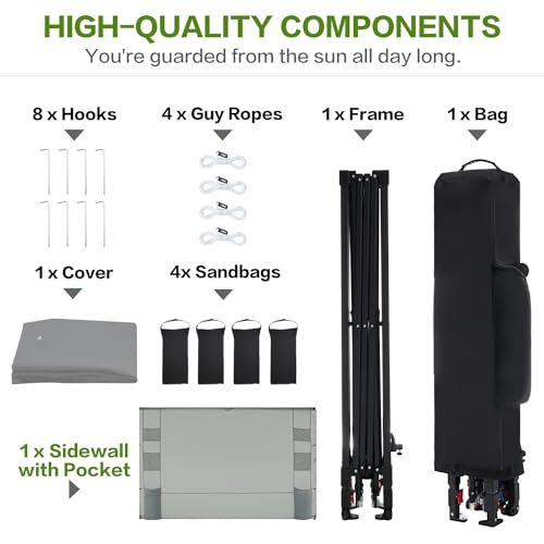 10'x10' Pop Up Canopy Tent with 1 Sidewall and 6 Pockets, One Push Setup, Instant Shade Tent with Vented Roof for Beach Patio Outdoor, Case, 8 Stakes