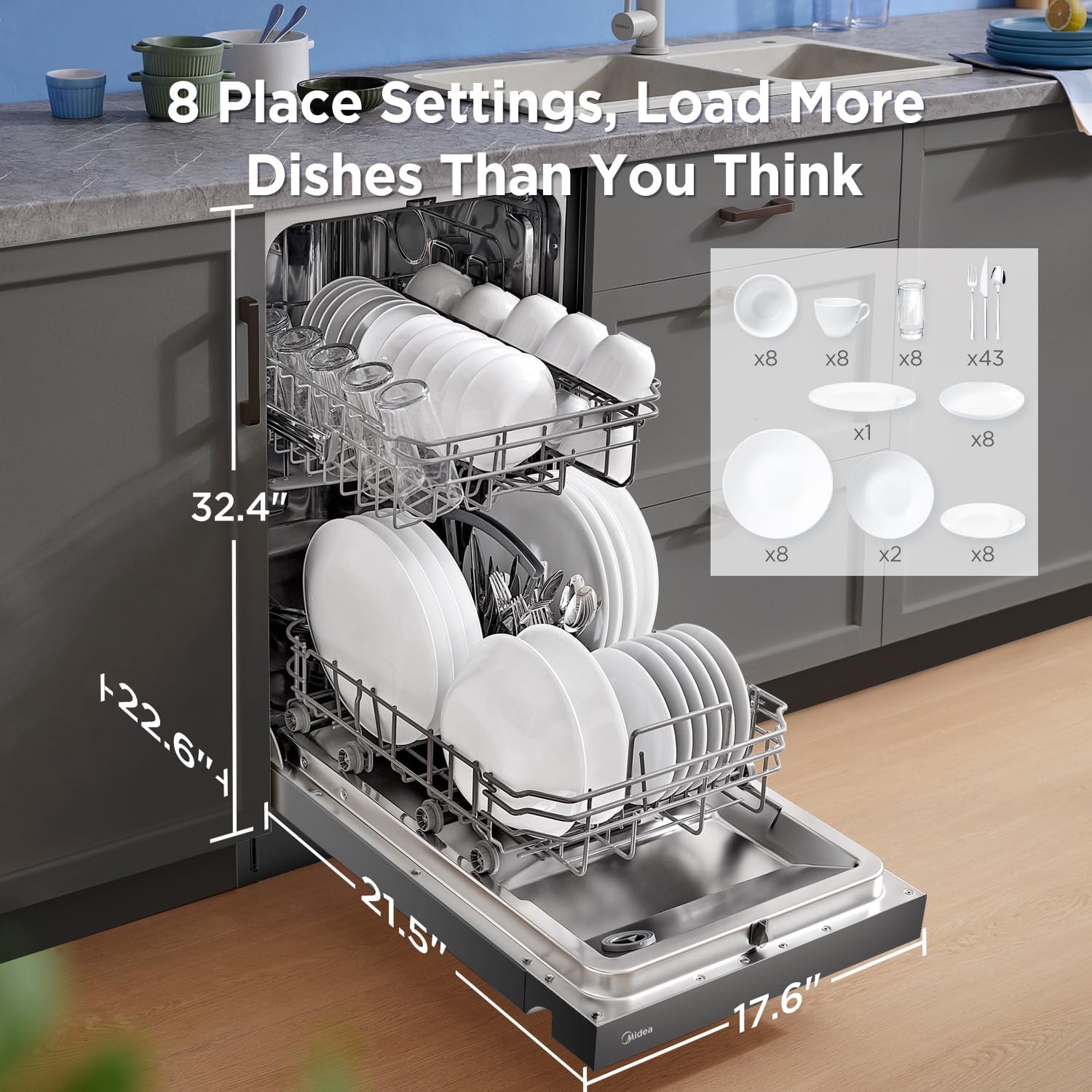 Midea MDF18A1ABB Built-in Dishwasher with 8 Place Settings, 6 Washing Programs, Stainless Steel Tub, Heated Dry, Energy Star, Black