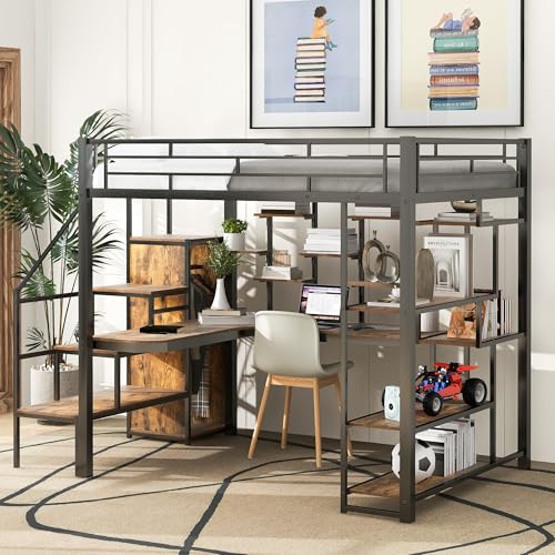 Modern Full Size Metal Loft Bed with Storage Staircase and Small Wardrobe