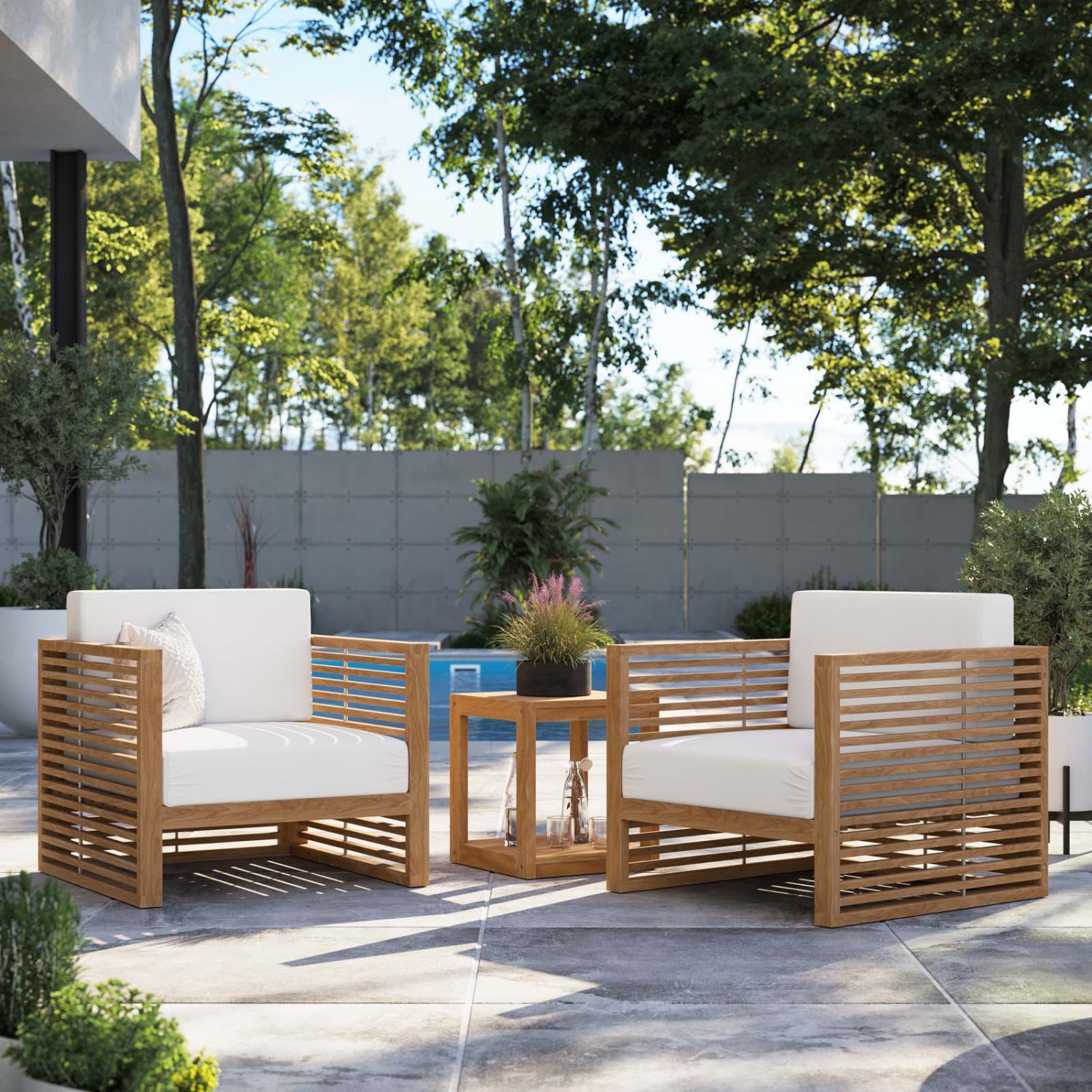 Lounge Chair ArmchairTable Set, White Natural, Teak Wood, Outdoor Patio Balcony Cafe Bistro Garden Hospitality Restaurant
