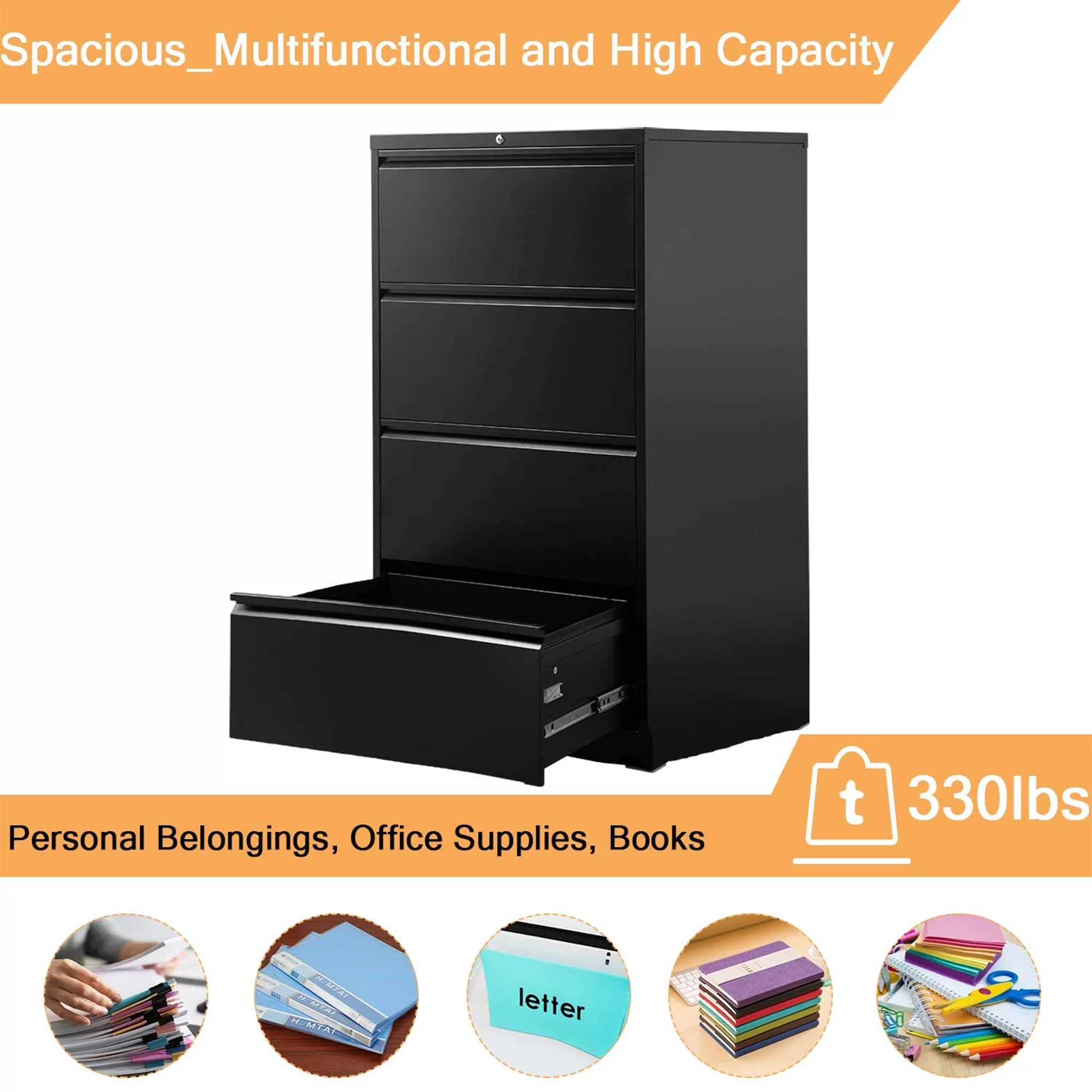 AOBABO 4 Drawer File Cabinet with Lock for Letter/Legal Size Paper, Black